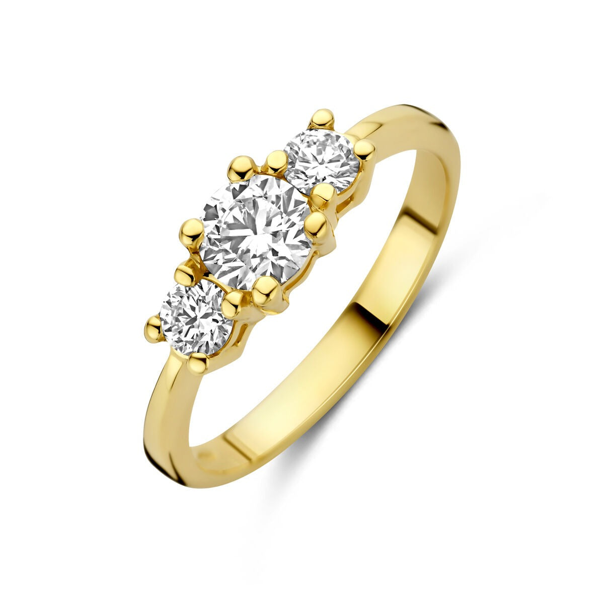 Geelgouden ring met drie lab grown diamanten in een klassieke zetting.