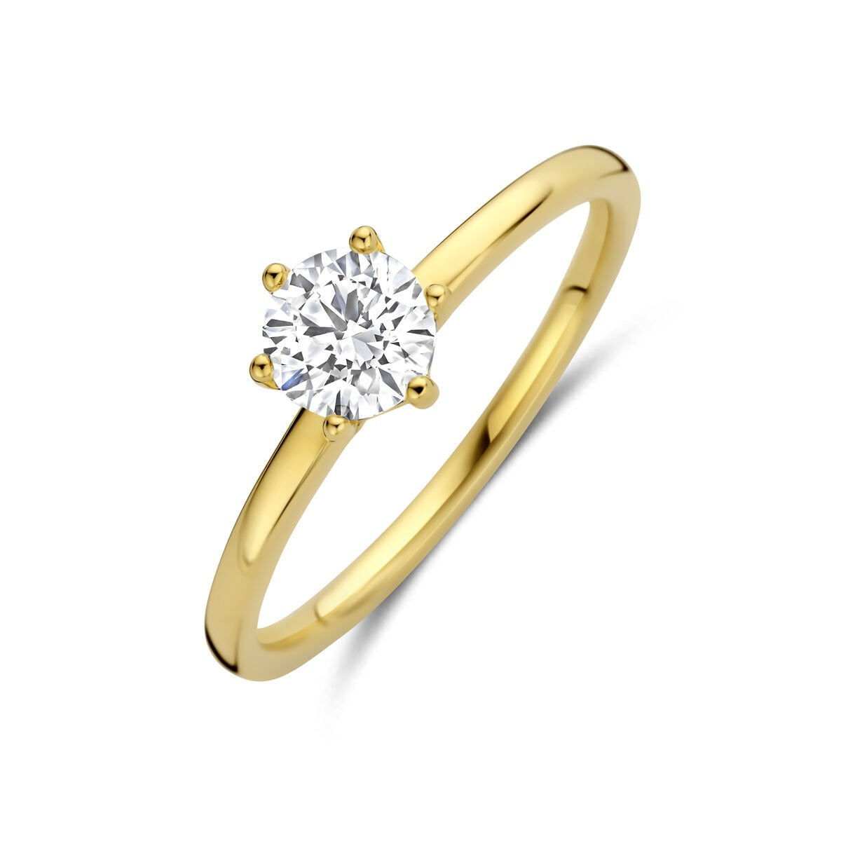 Gouden damesring van 14k geelgoud met een ronde lab grown diamant in een vierpootzetting.