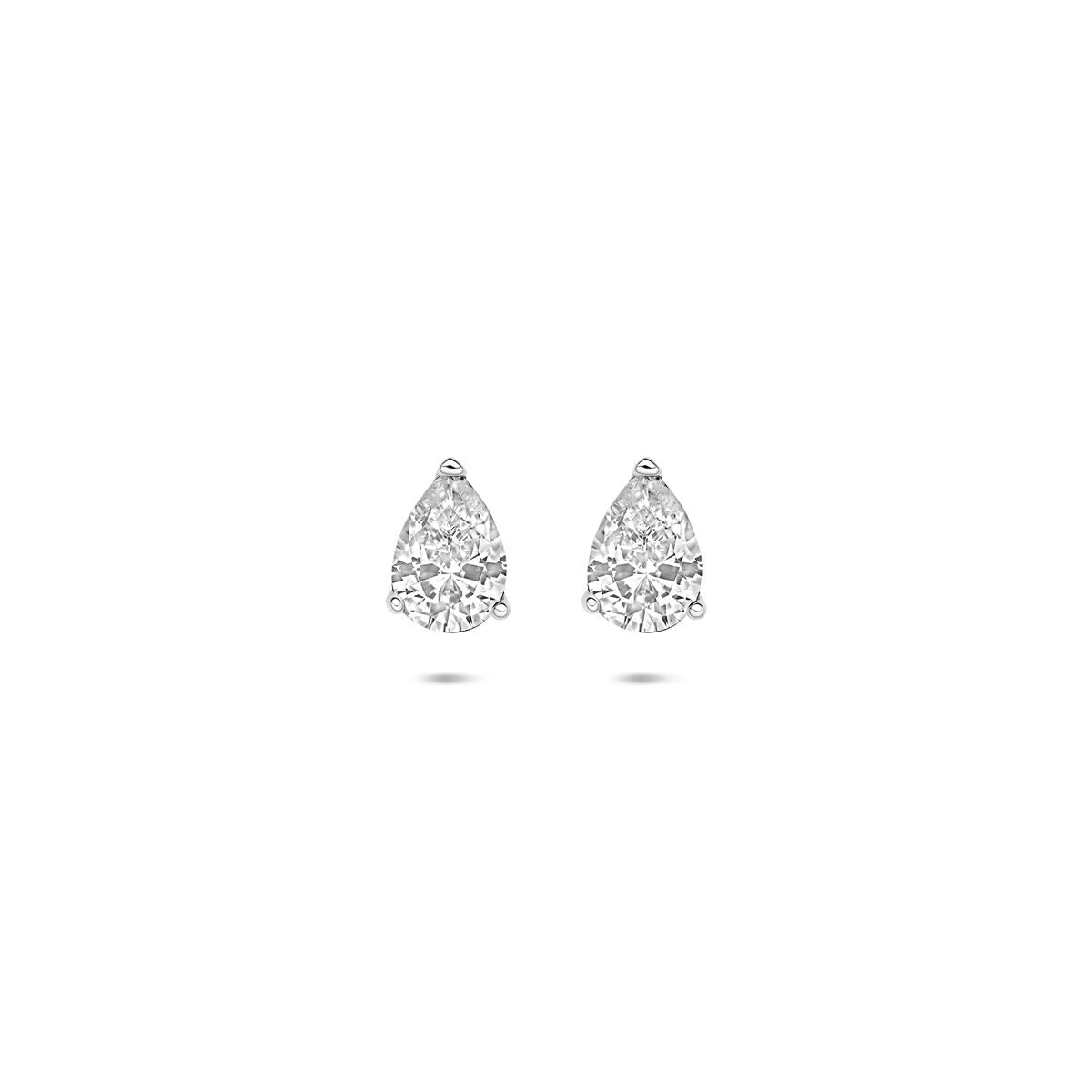 Zilveren oorknoppen in peervorm met heldere zirkonia, afmetingen 7.5 x 5.5 mm.