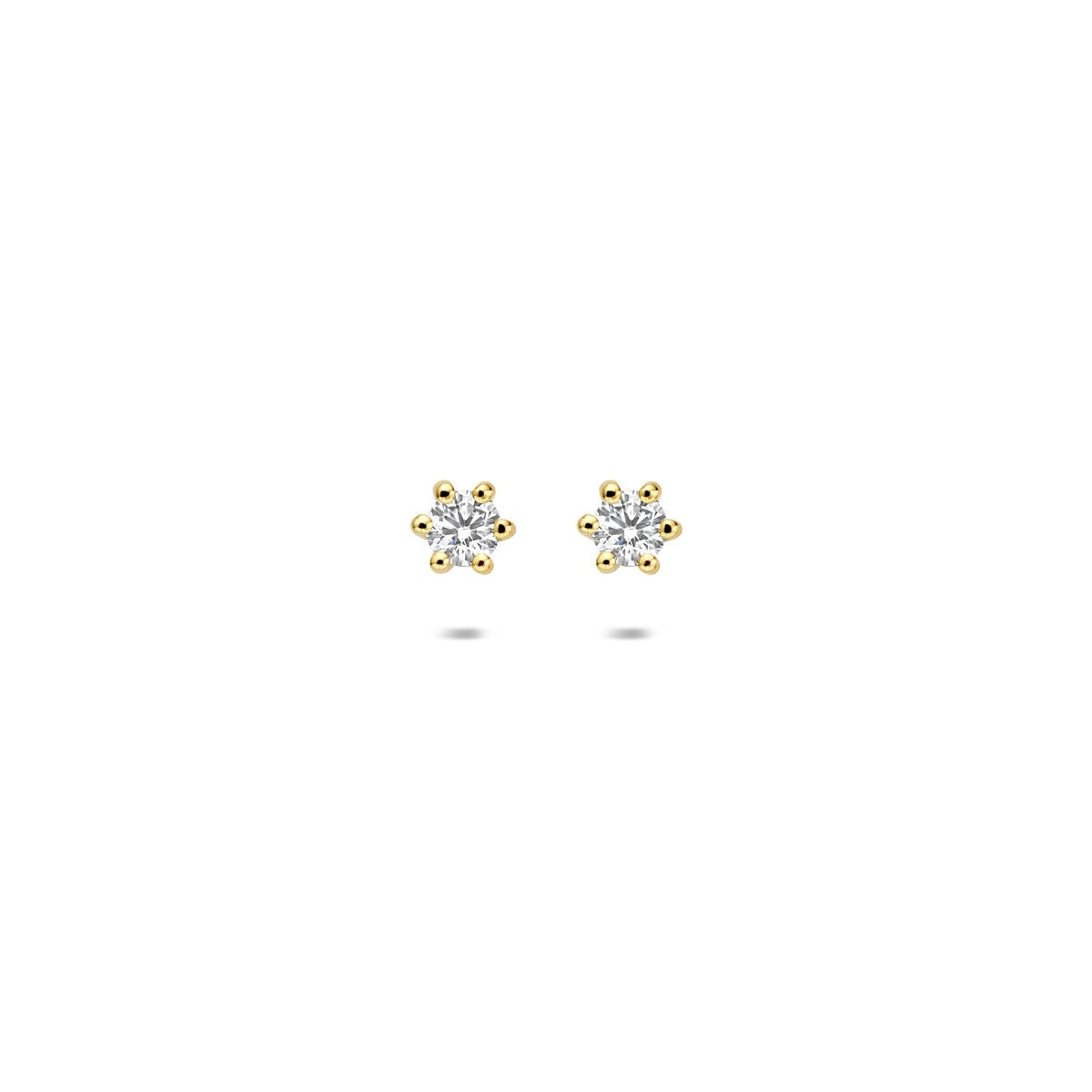 Geelgouden oorknoppen met lab grown diamant in bloemvorm, bezet met kleine steentjes.