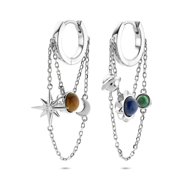 Zilveren klapoorringen met lapis, tijgeroog en malachiet – gerhodineerd