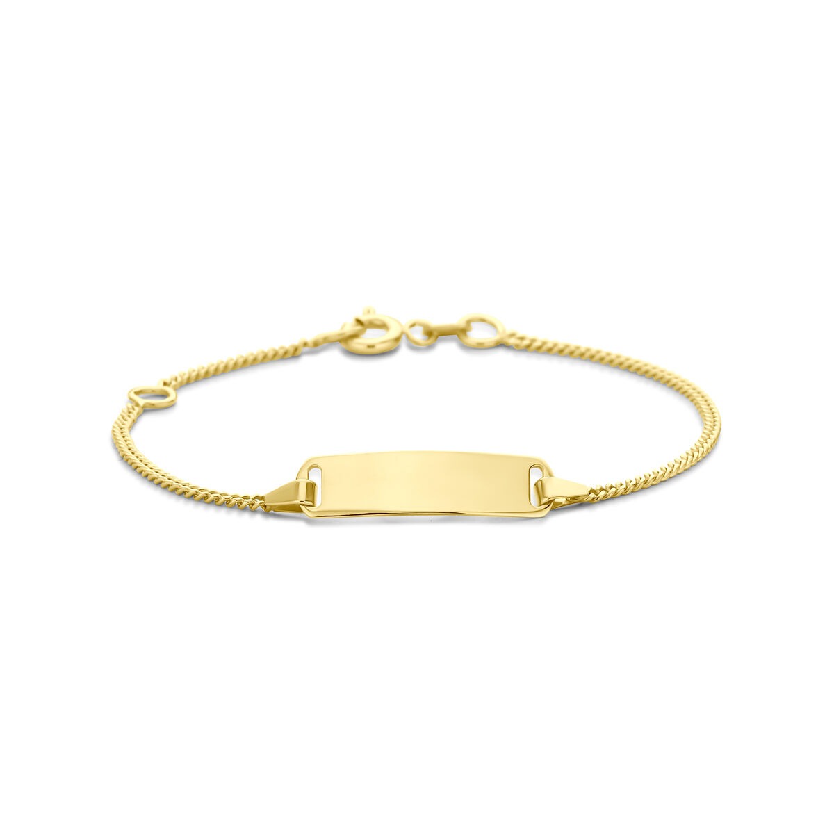 Gouden graveerarmband voor kinderen van 14k geelgoud met een gladde, rechte plaat en een gevlochten band.