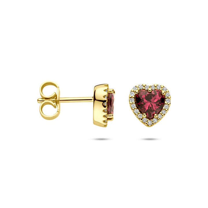 14k Geelgouden oorknoppen met Rhodoliet hartje en diamant – 0.10ct