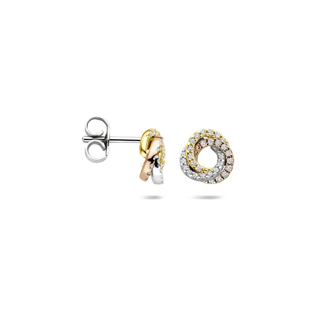 14k Tricolor Gouden Oorknoppen met Diamant – Elegantie in Drie Kleuren voor Dames