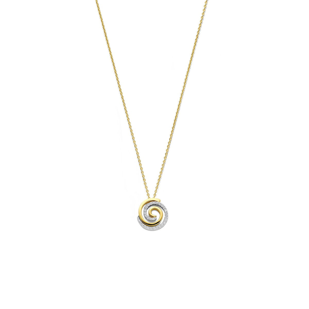 Bicolor collier van 14k goud met een spiralen hanger en een diamant.