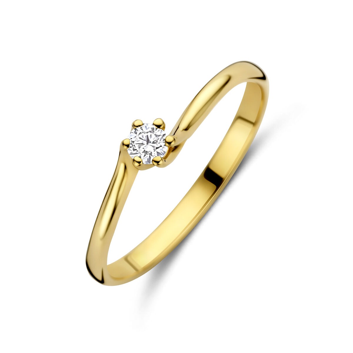 Geelgouden ring met een lab grown diamant, eenvoudig ontwerp met een enkele sprankelende steen.
