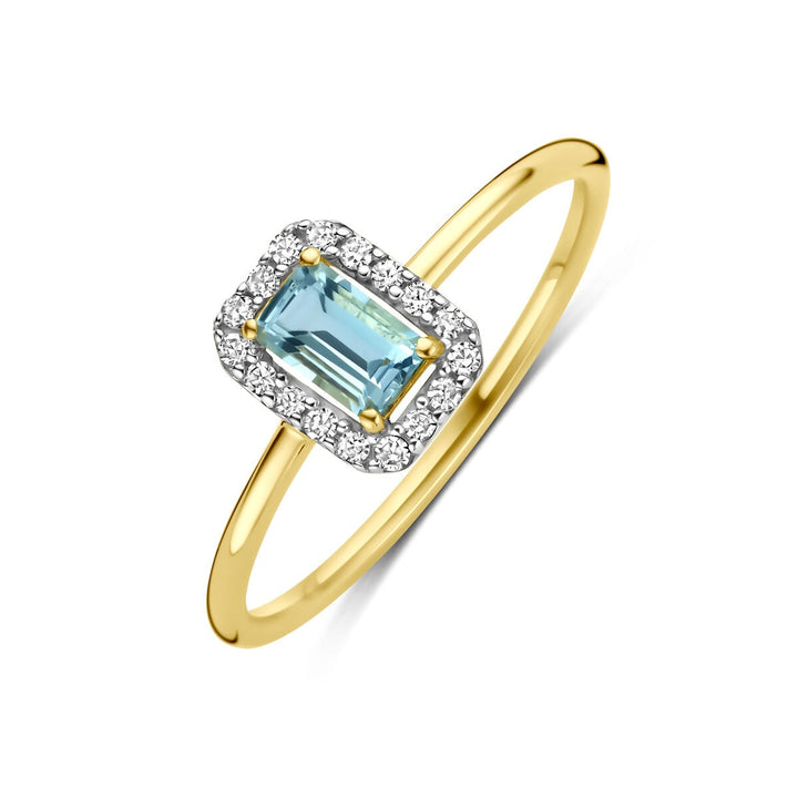 Gouden damesring met aquamarijn en diamant – 14k geelgoud