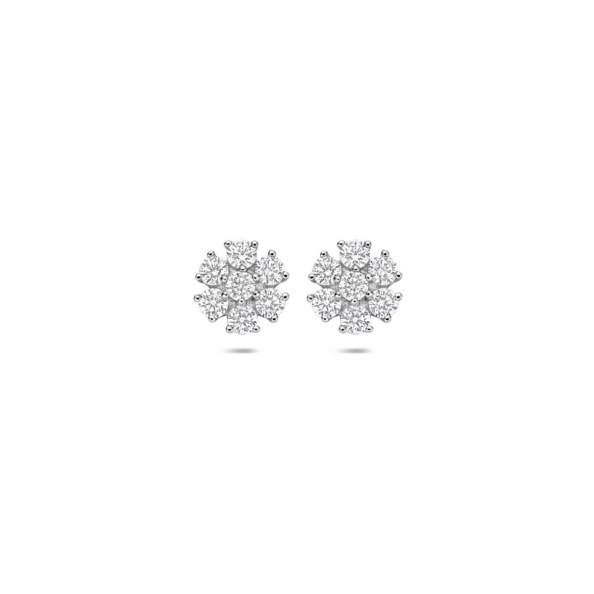 Zilveren oorknoppen in bloemvorm met zirkonia, gerhodineerd 925 zilver.