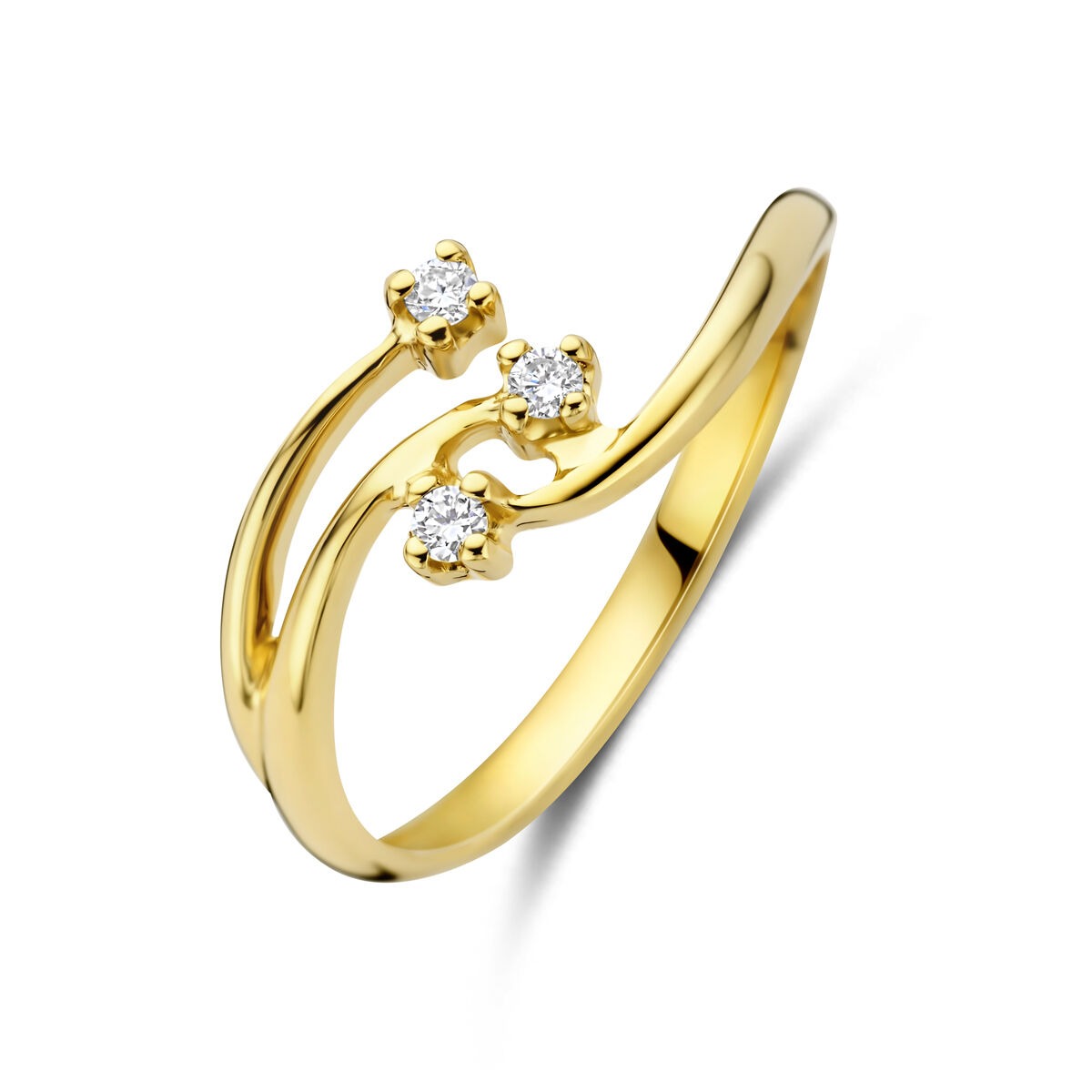 Geelgouden ring met drie lab grown diamanten in een speelse, golvende vorm.