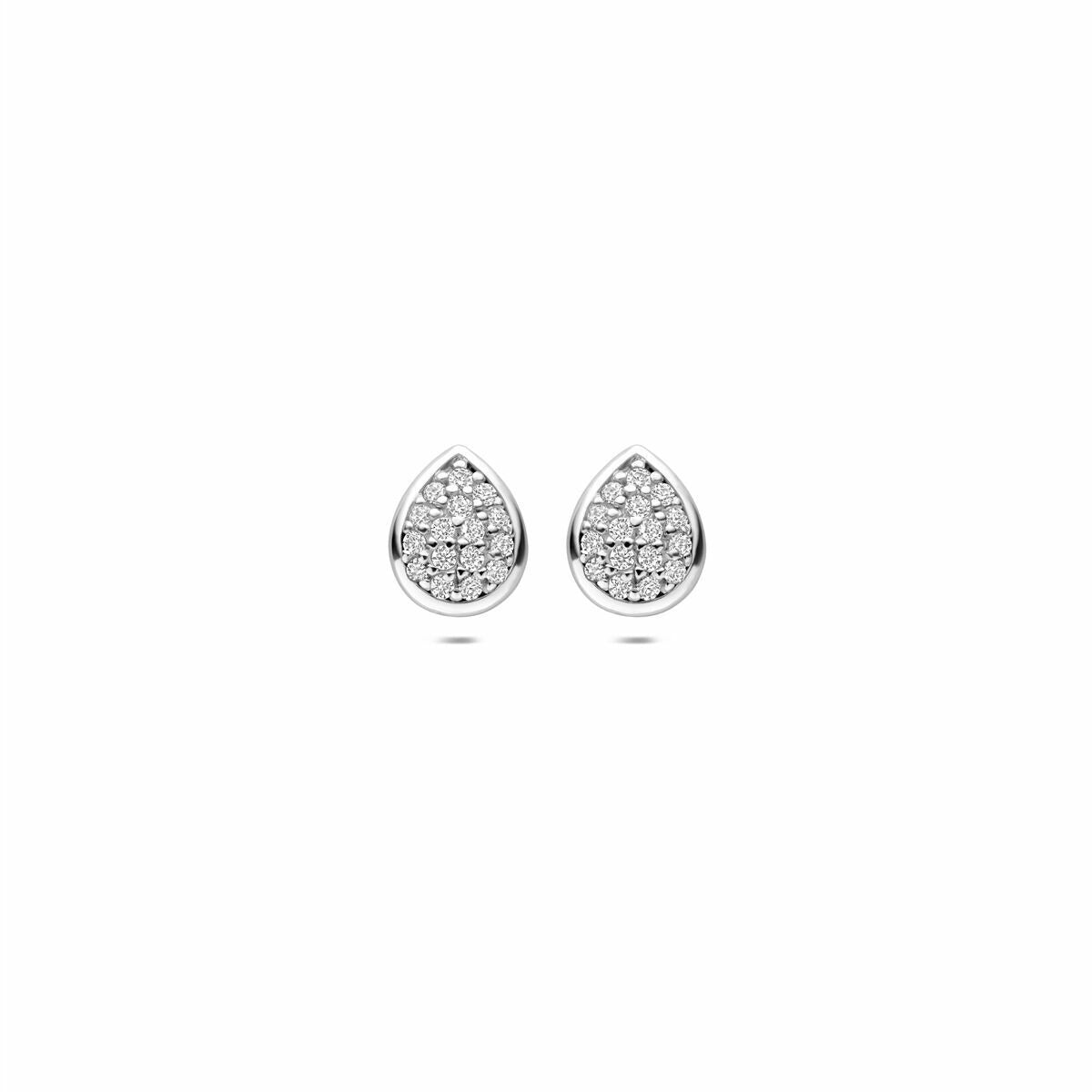 Zilveren druppelvormige oorknopjes met zirkonia, gerhodineerd, diameter 6 mm.