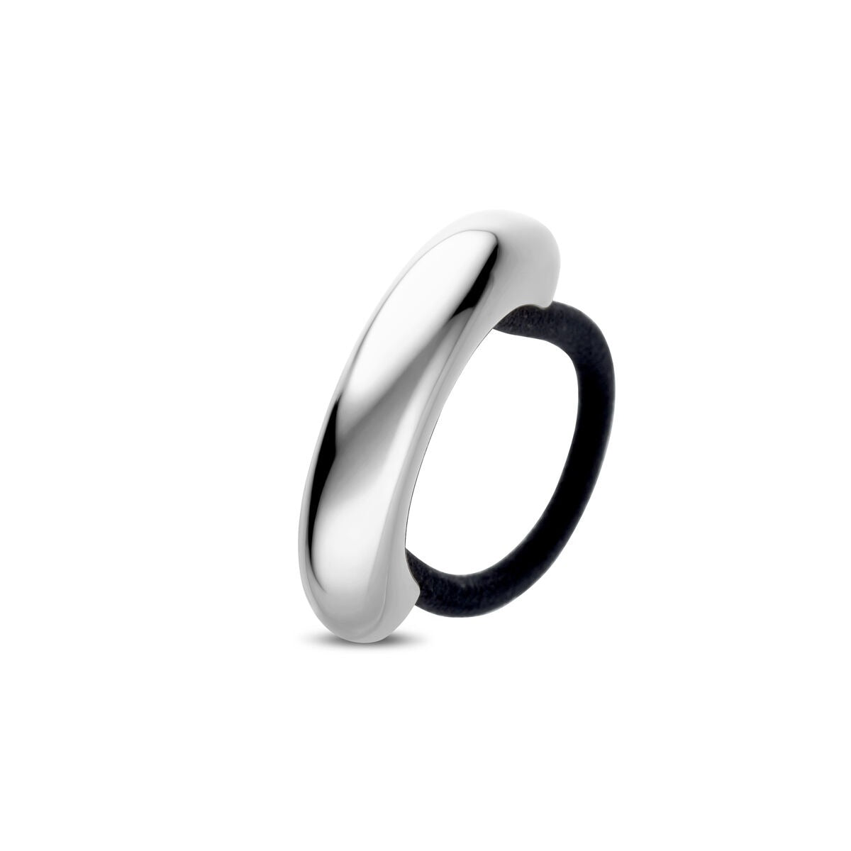 Zilverkleurige stalen hair cuff met een minimalistisch ontwerp en een zwarte elastische band.