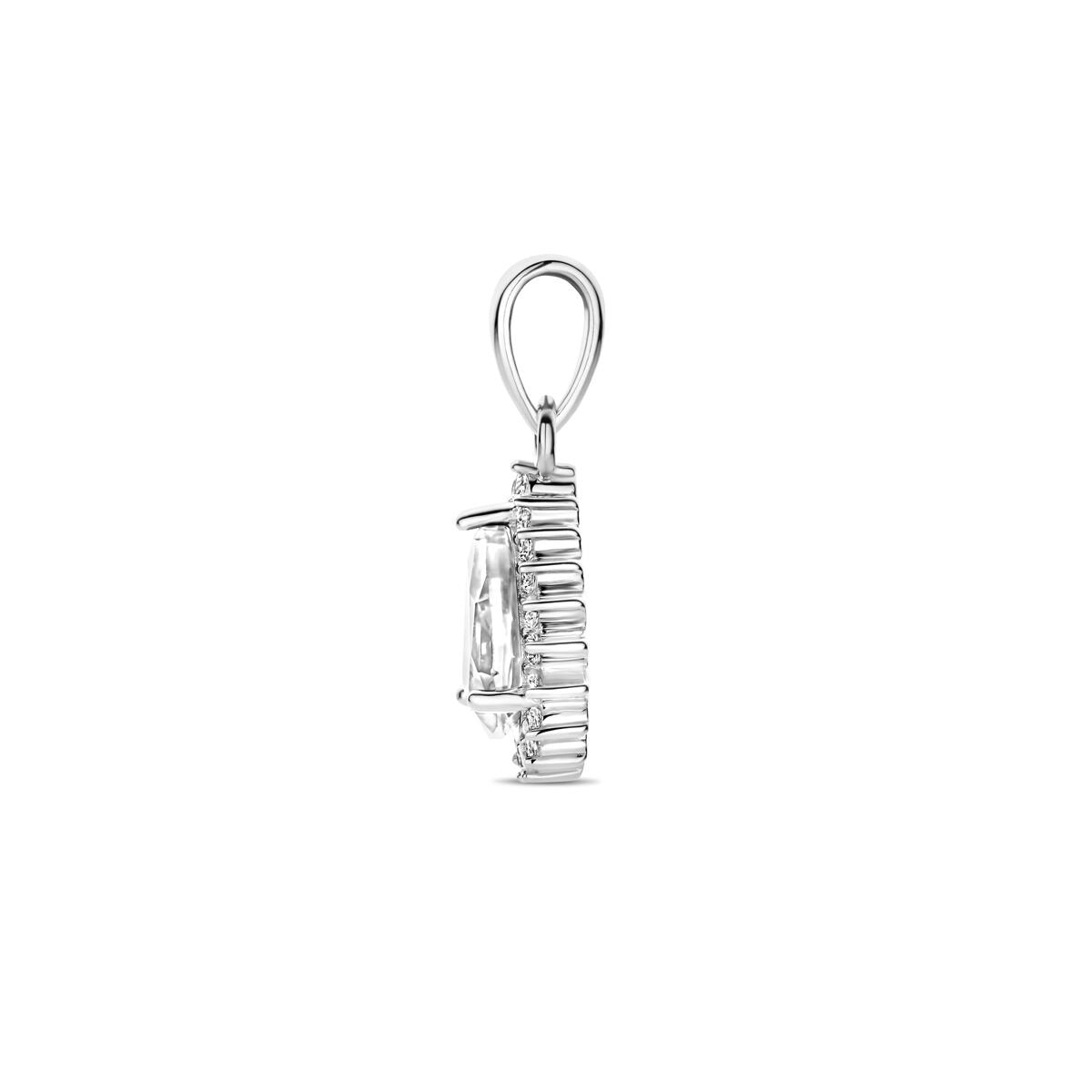 Zilveren hanger – peervormige zirkonia in entourage