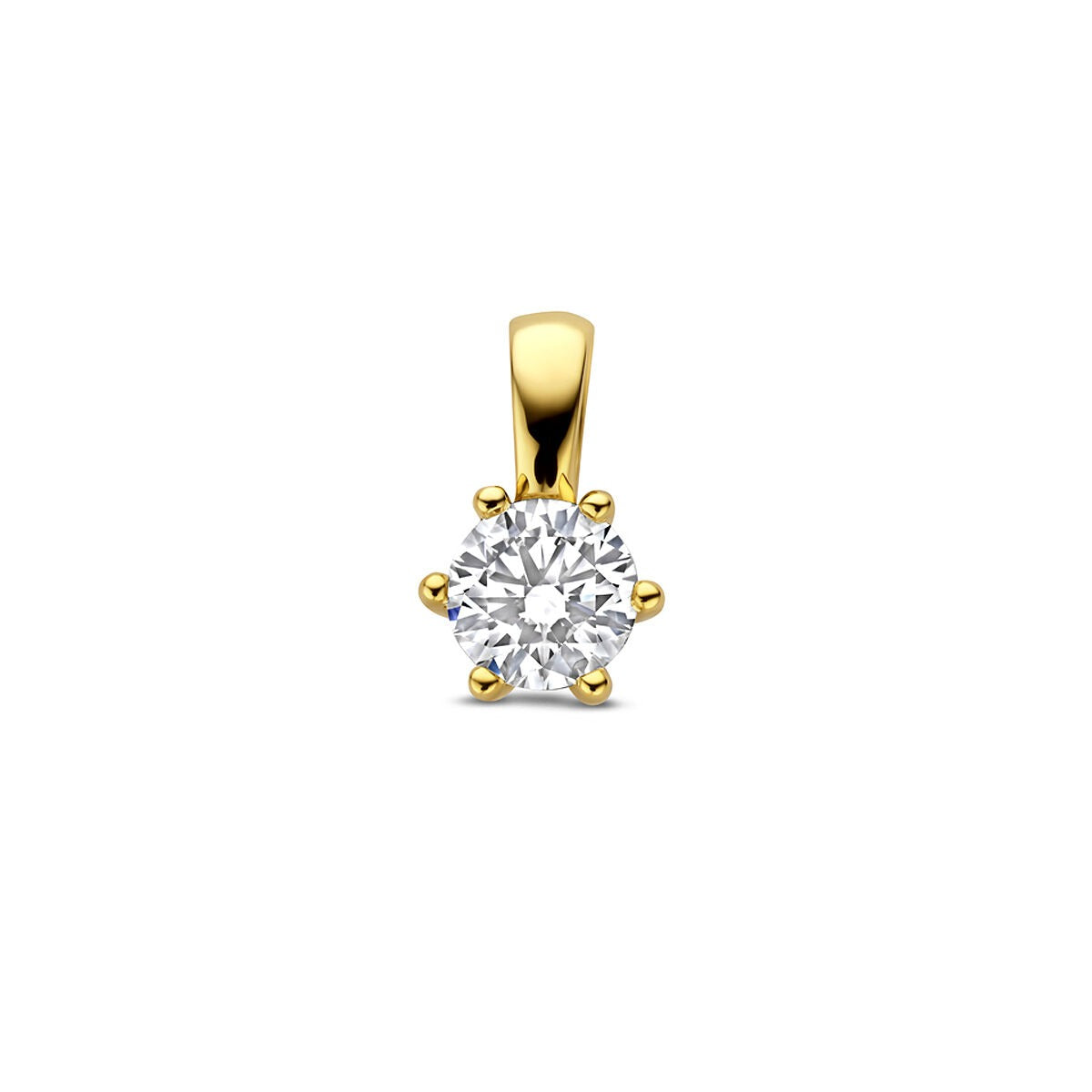 Geelgouden hanger met een ronde lab grown diamant, gezet in een zes-punts zetting.
