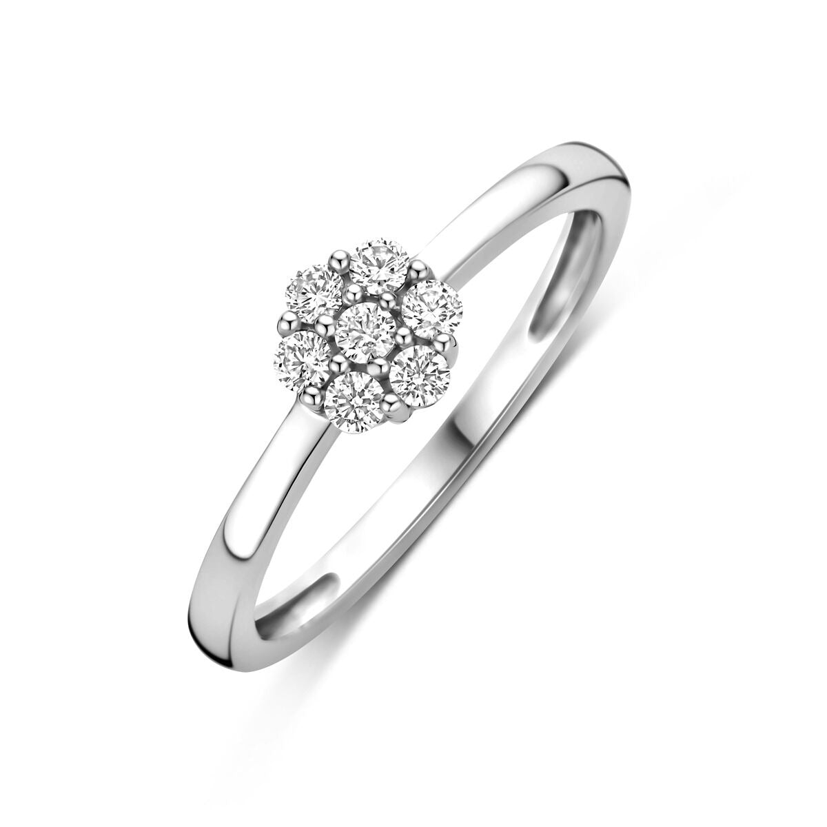 Zilveren damesring met een solitaire zirkonia van 6 mm in een bloemvormige setting.