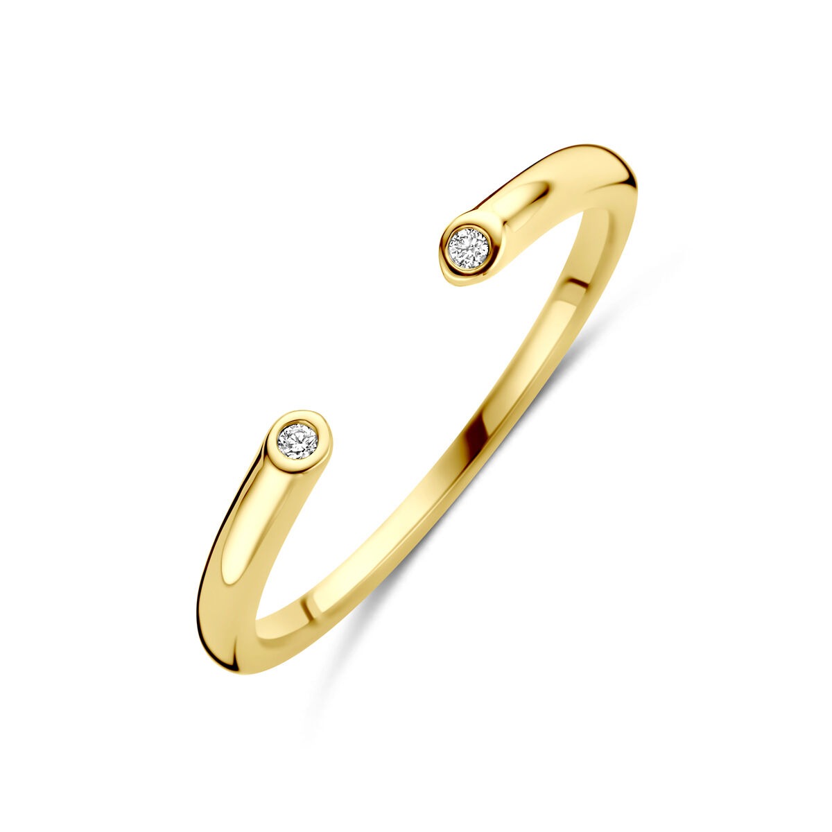 Gouden ring van 14k met twee diamanten aan de uiteinden en een open ontwerp.