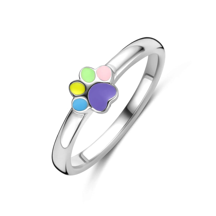 Zilveren kinder ring met emaille hondenpoot – gerhodineerd