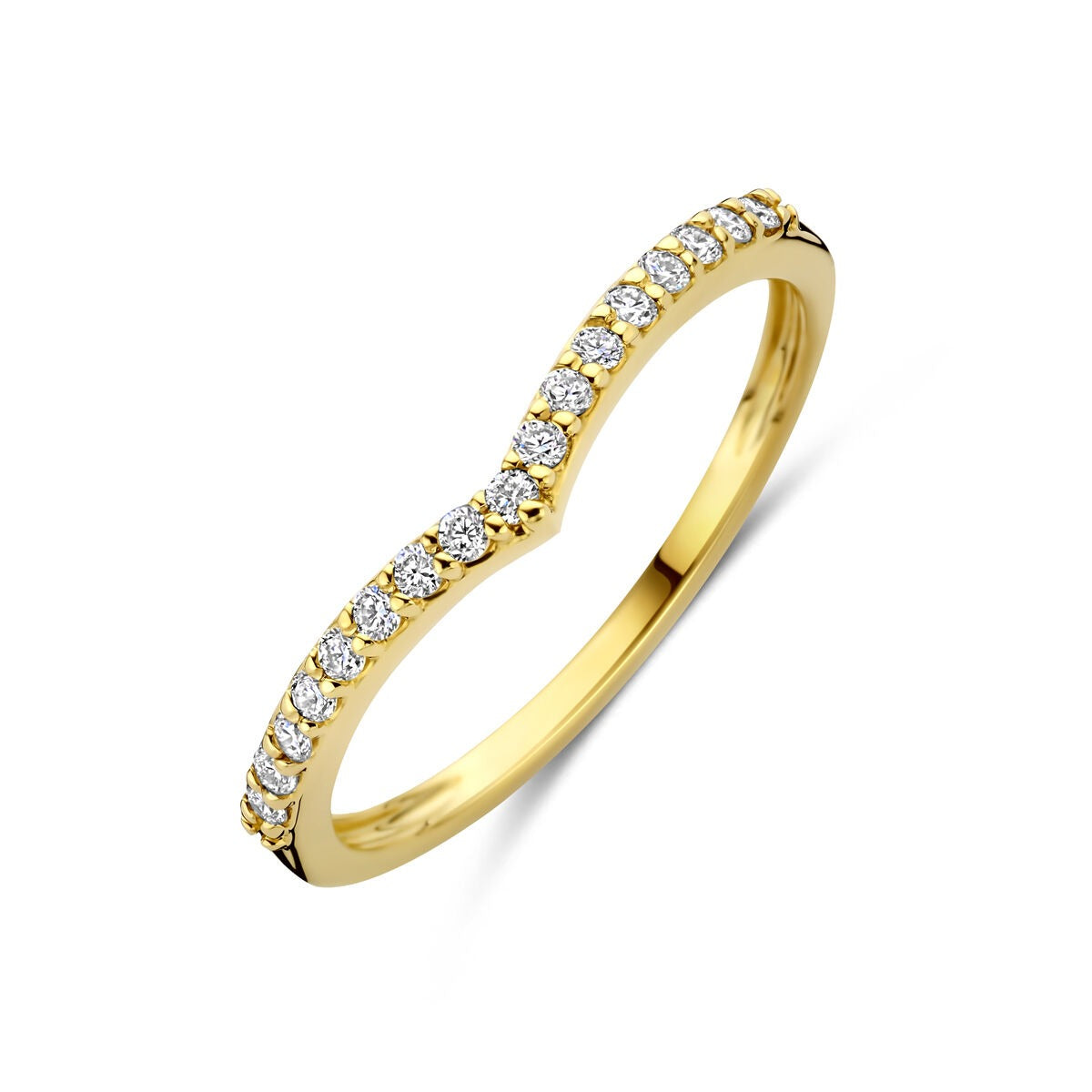 Geelgouden ring met een golvende vorm en lab grown diamanten in een rij aan de bovenkant.
