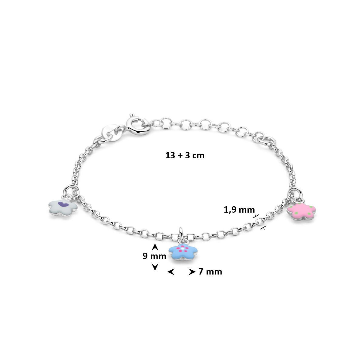 Gerhodineerd 925k zilveren kinderarmband met bloemen en emaille