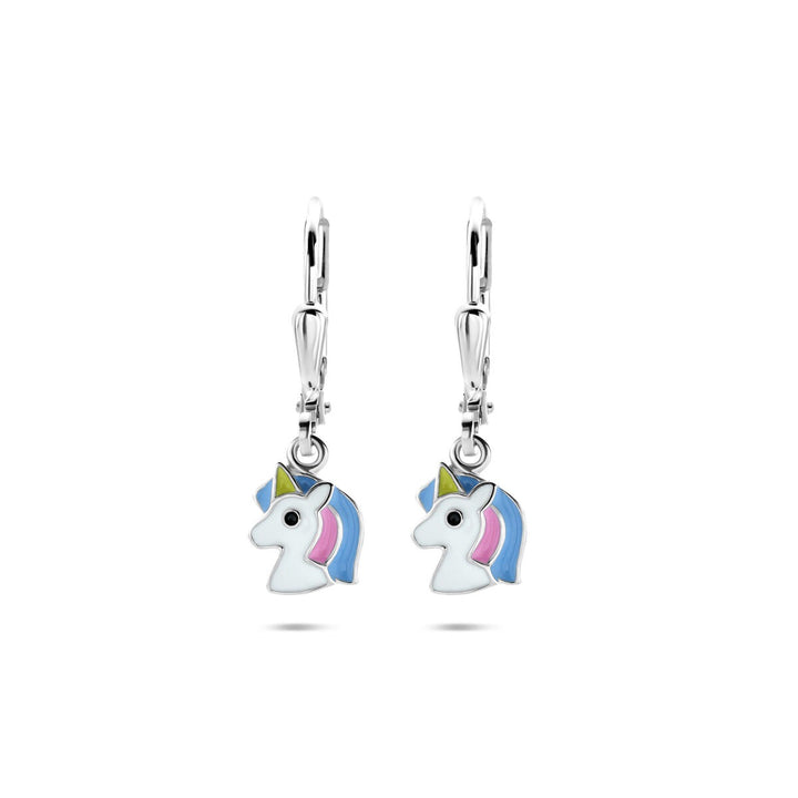 Zilveren kinder oorhangers met emaille paard – gerhodineerd