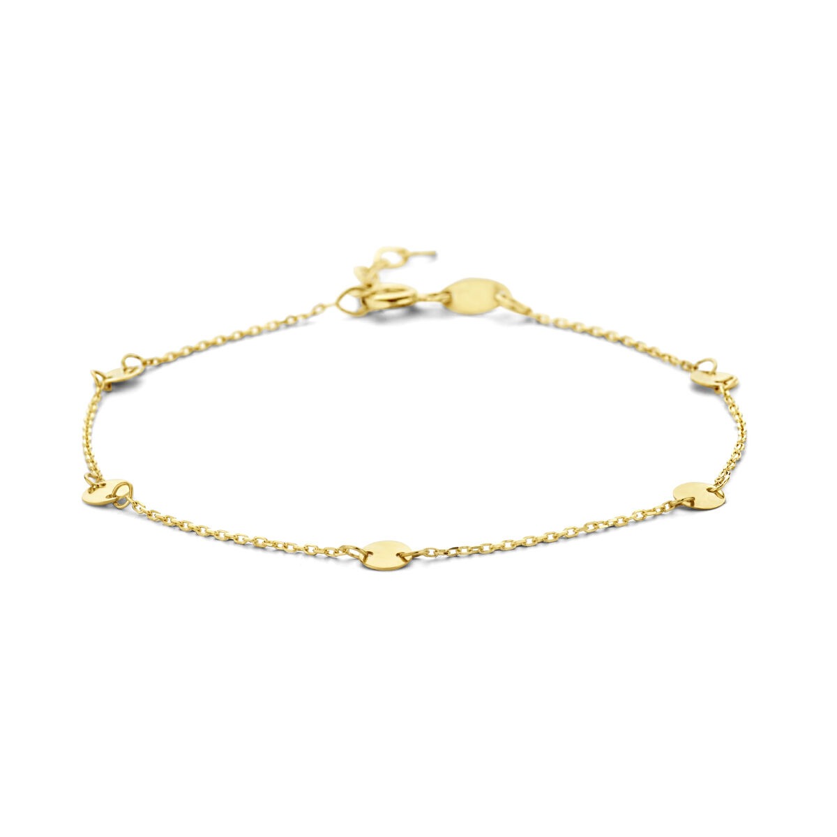 Geelgouden armband met ronde plaatjes en een fijne schakelketting.