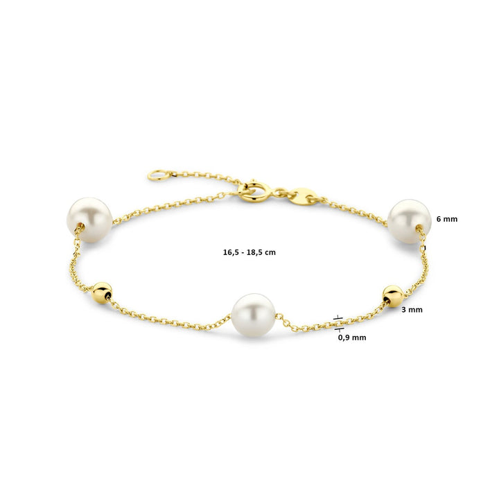 14k geelgouden damesarmband met parels en bolletjes