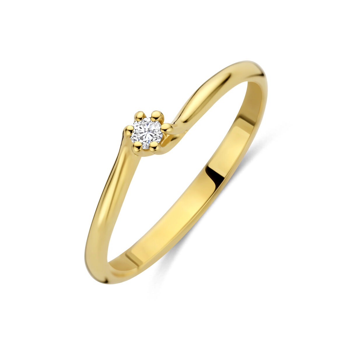 Geelgouden ring met een lab grown diamant, eenvoudig ontwerp met een enkele sprankelende steen.