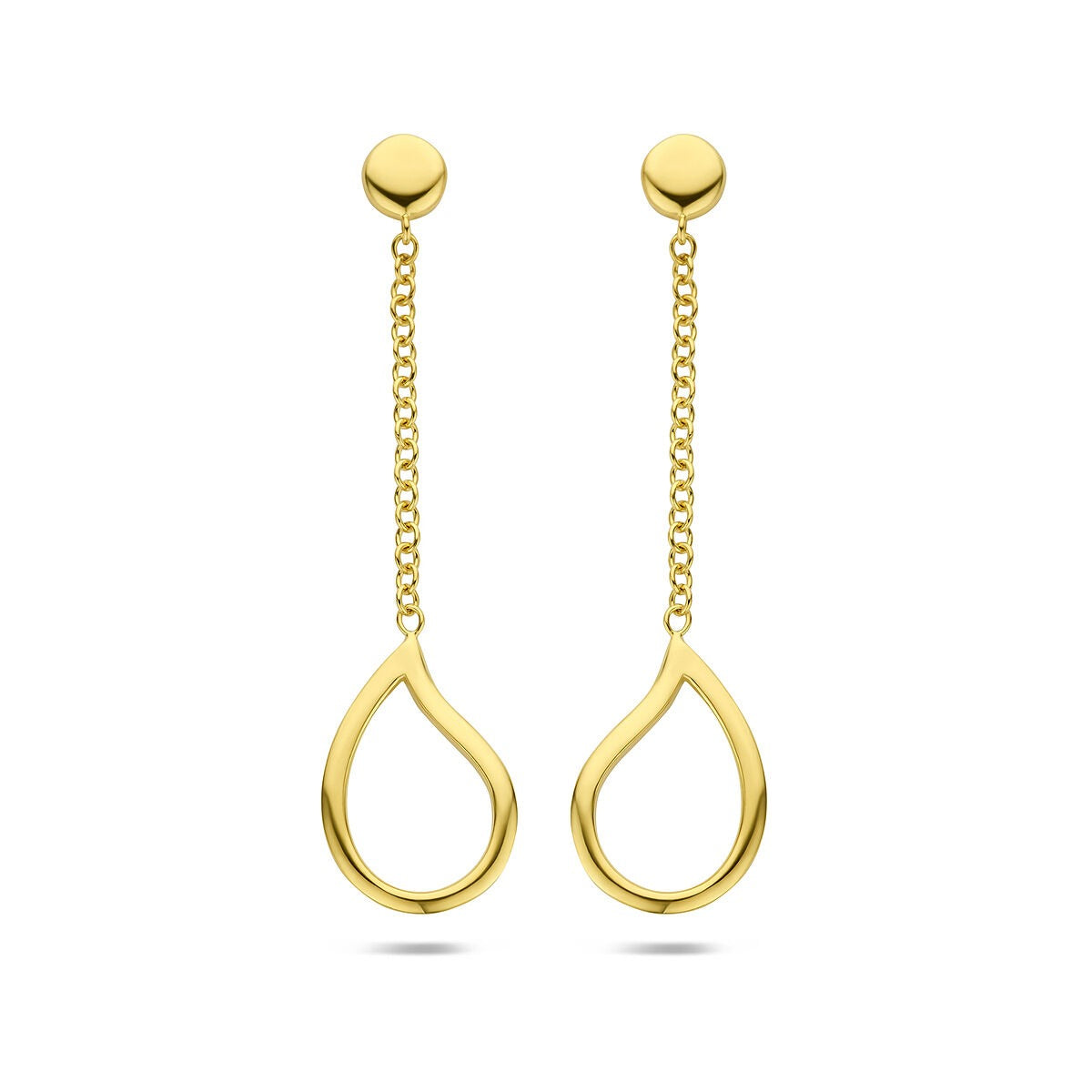 Gouden druppelvormige oorhangers van 14k geelgoud met een hangende ketting.