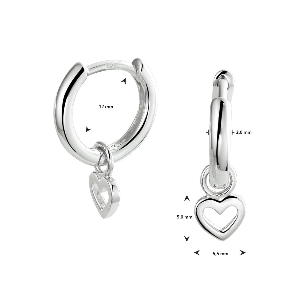 Zilveren kinder oorringen met hartjes hanger