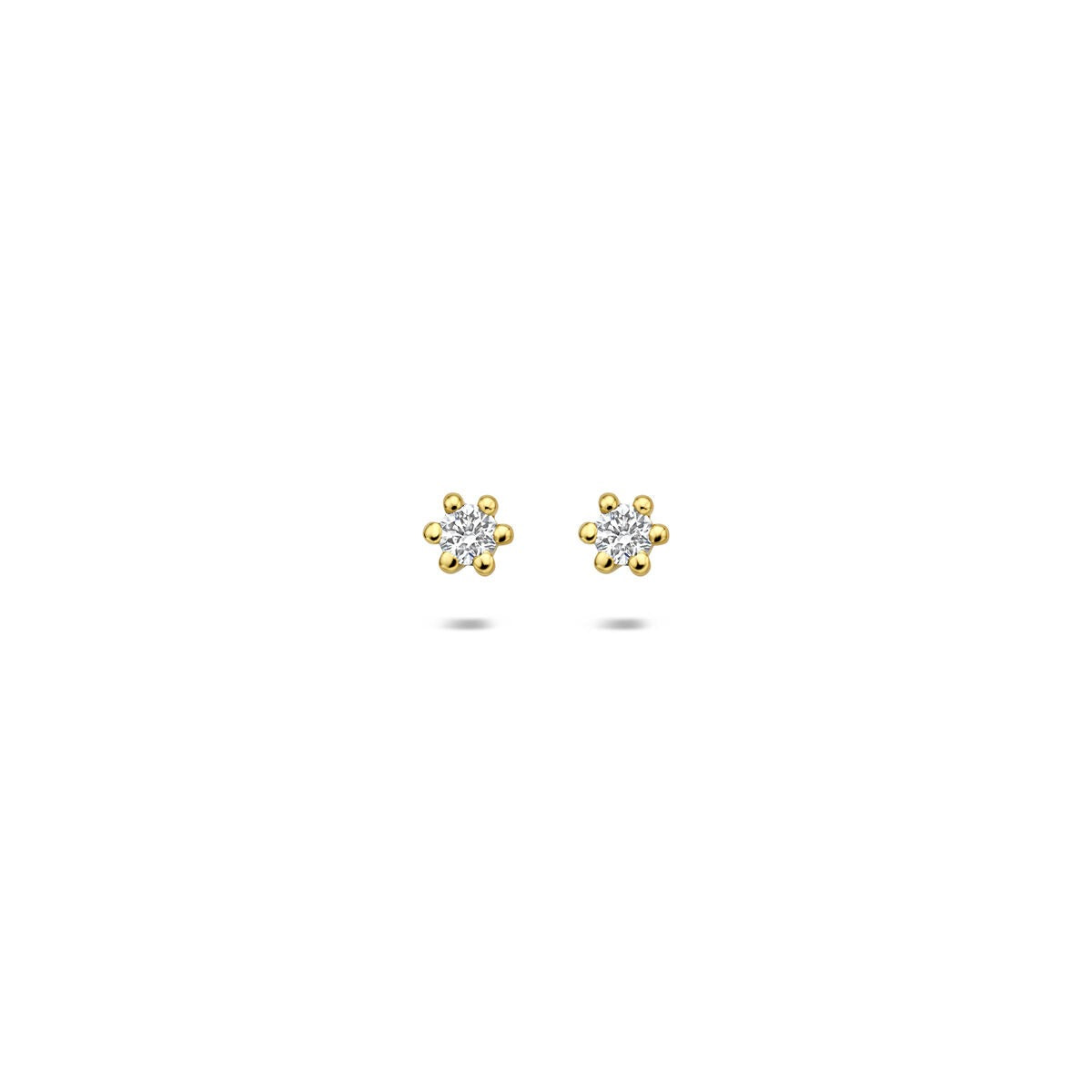 Geelgouden oorknoppen met lab grown diamant in bloemvorm, met zes steentjes rondom een centrale diamant.