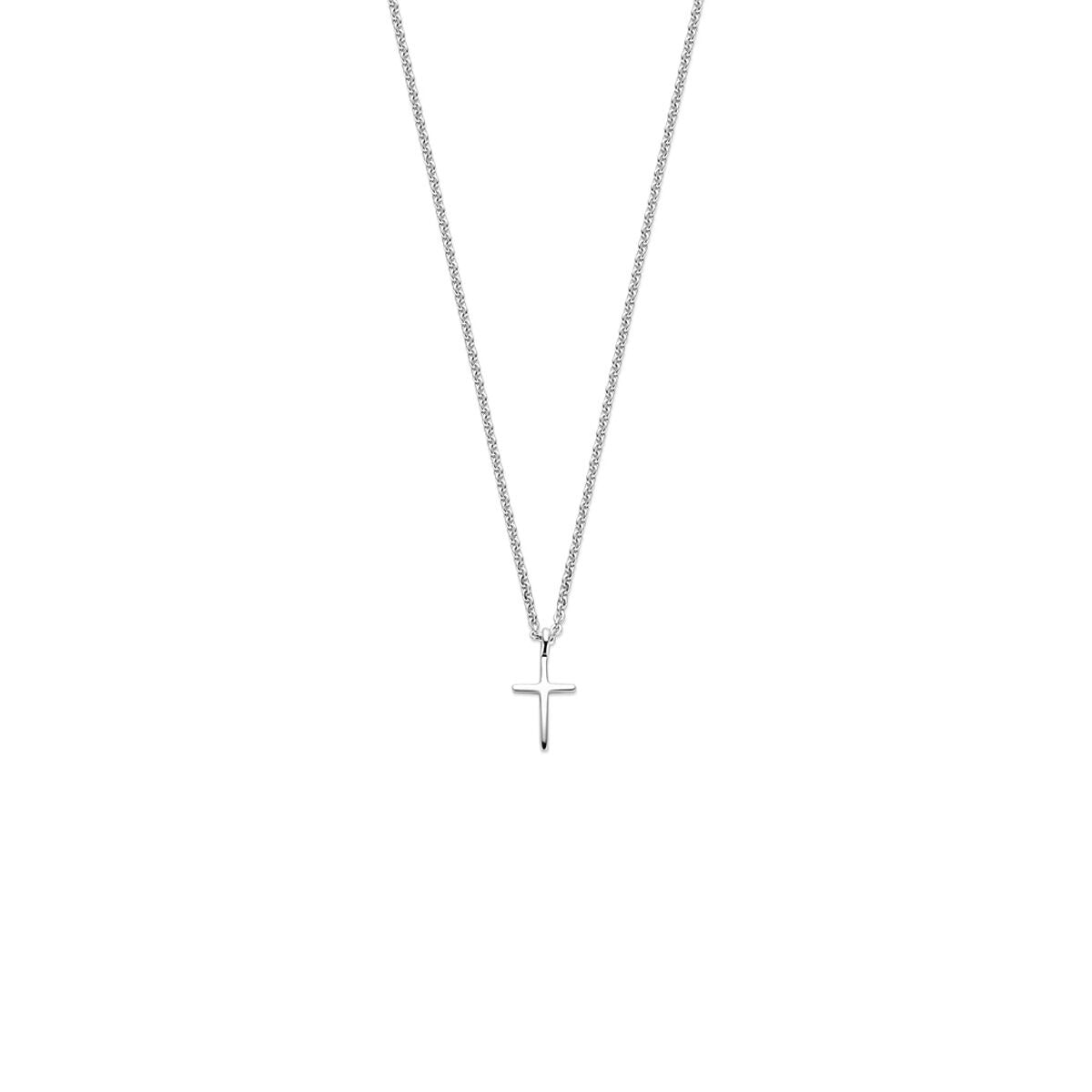 Zilveren gerhodineerde ketting met een eenvoudig kruis als hanger.