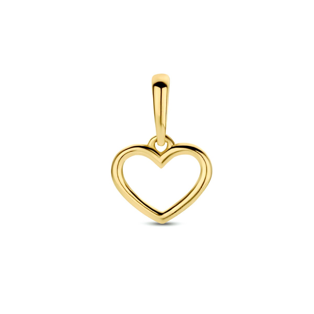 Gouden hartje hanger van 9k geelgoud met een opengewerkt ontwerp.