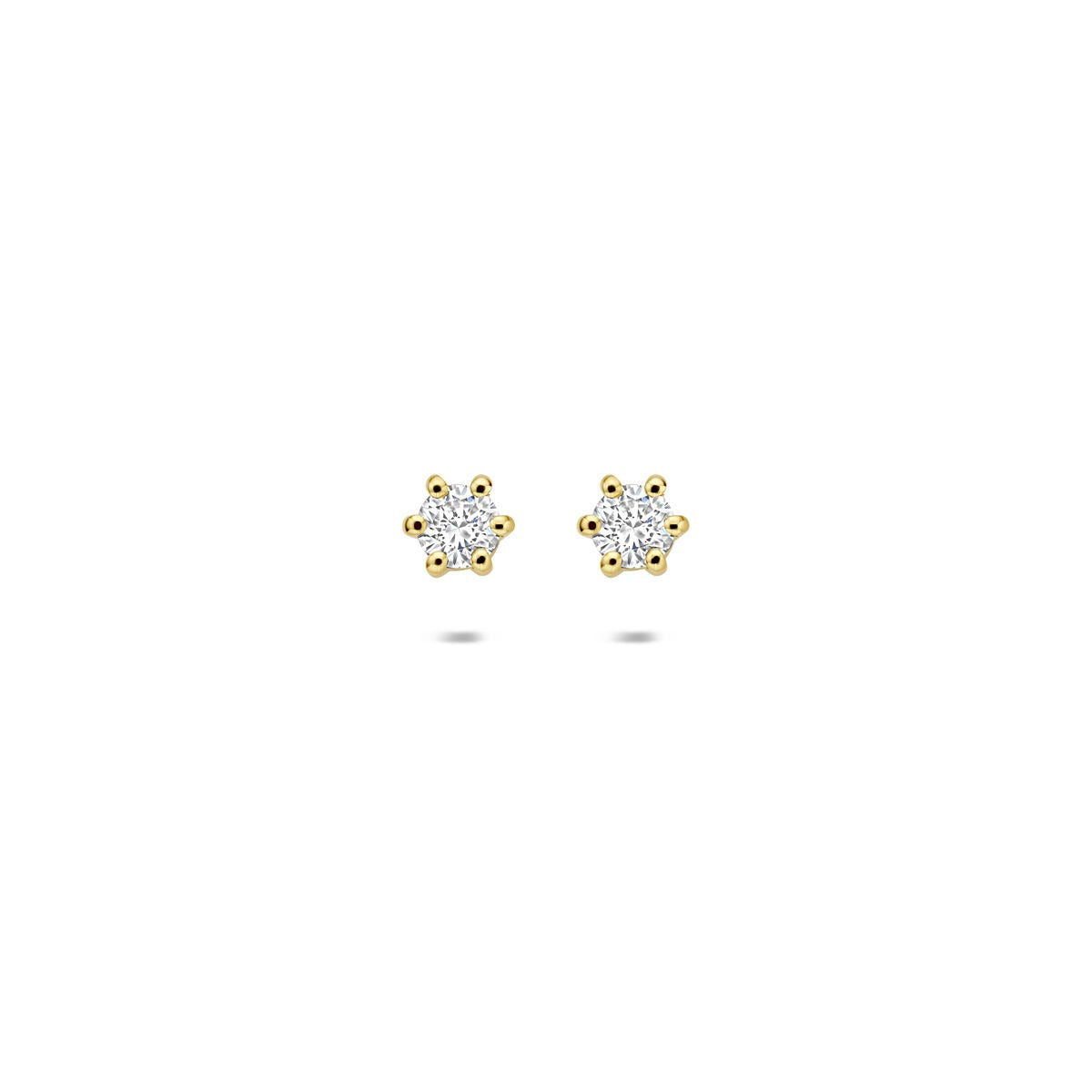 Geelgouden oorknoppen met lab grown diamant in bloemvorm, voorzien van zes sprankelende steentjes.
