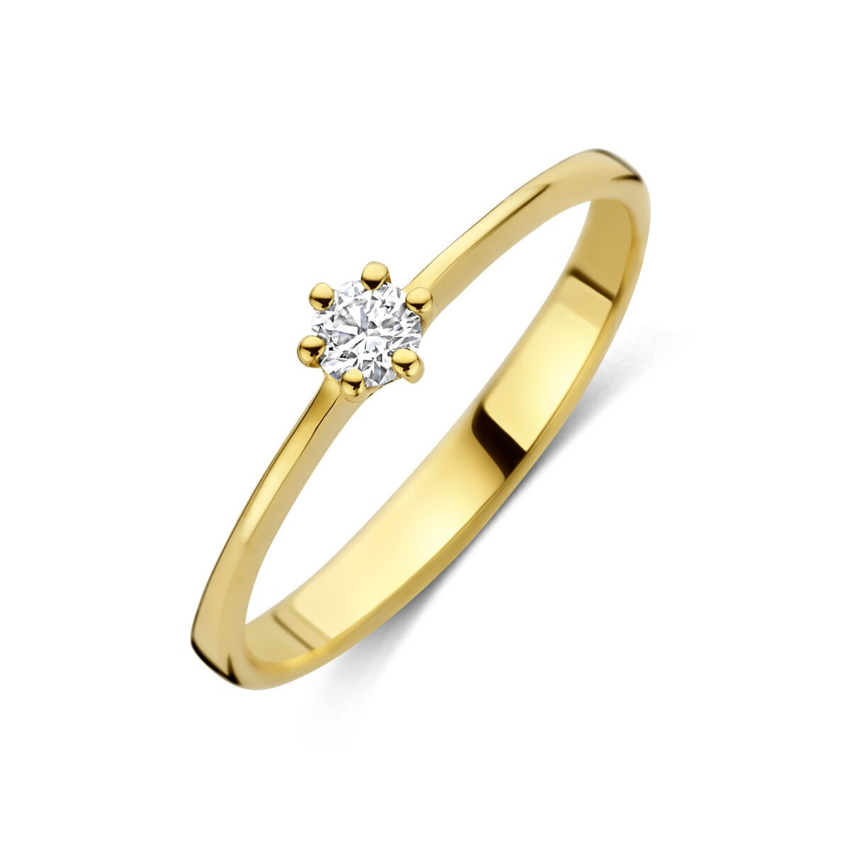 Geelgouden ring met een lab grown diamant, eenvoudig ontwerp met een ronde diamant in een zes-punts zetting.