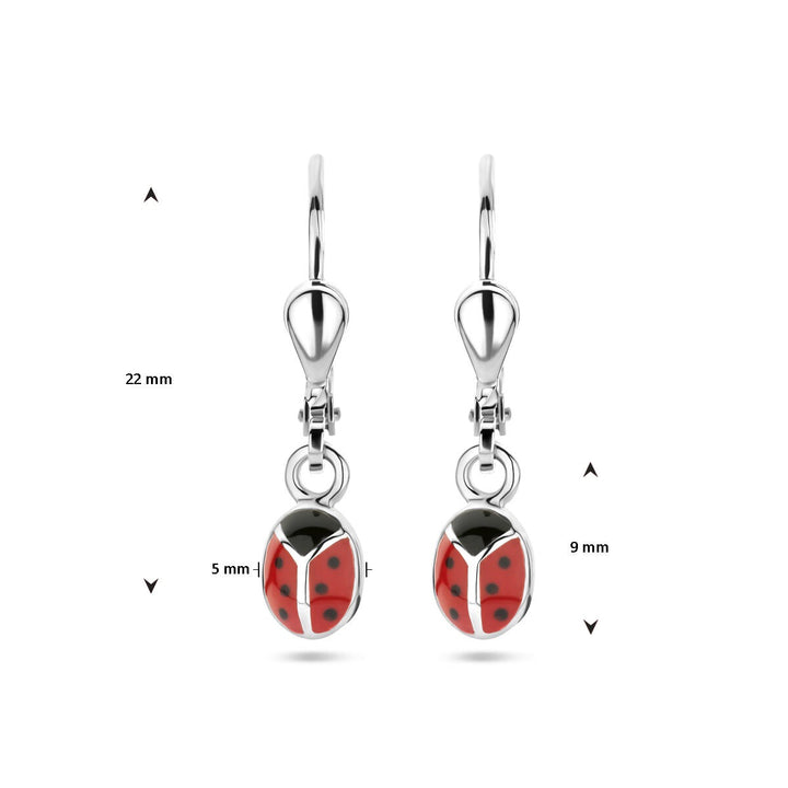 Zilveren kinder oorhangers lieveheersbeestje – gerhodineerd met emaille