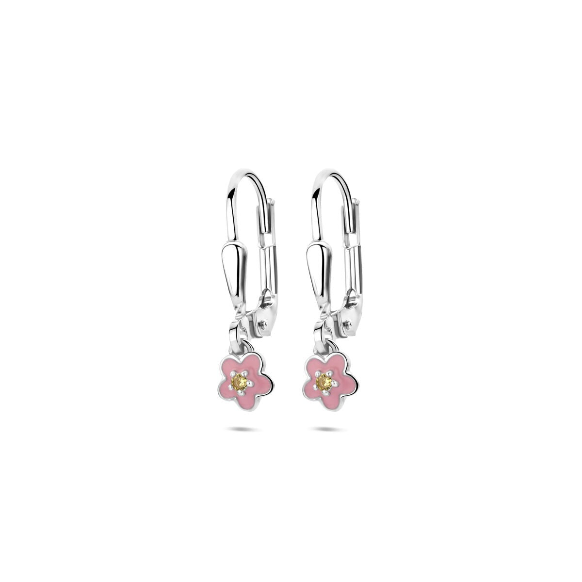 Zilveren oorhangers met een roze emaille bloem en gele zirkonia, 19 mm lang.