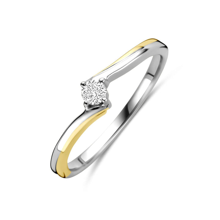 Bicolor gouden damesring met diamant – 14k geel- en witgoud