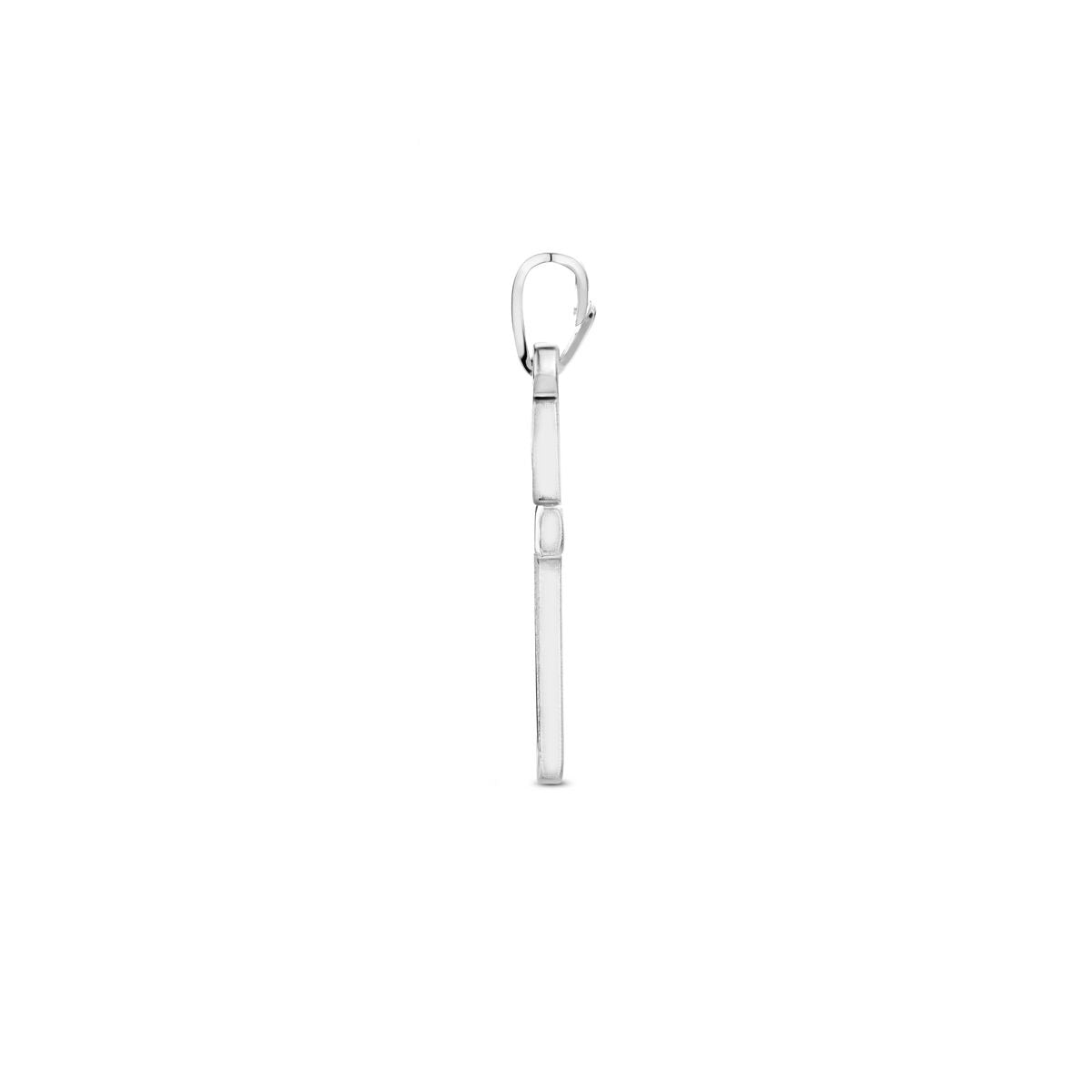 Zilveren kruis hanger – gerhodineerd 925 zilver met gehamerde, gepolijste en gediamanteerde afwerking