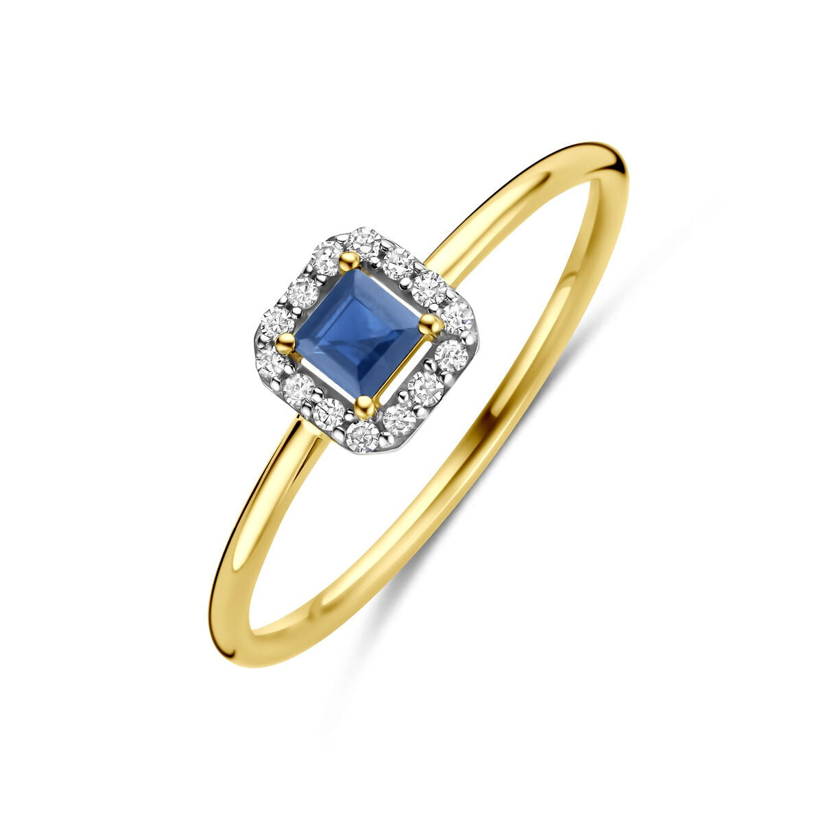 Gouden ring met vierkante saffier omringd door diamanten in een verfijnde setting.