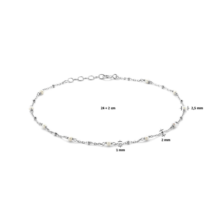 Zilveren enkelbandje met witte parel – gerhodineerd 925 zilver, 24–26 cm