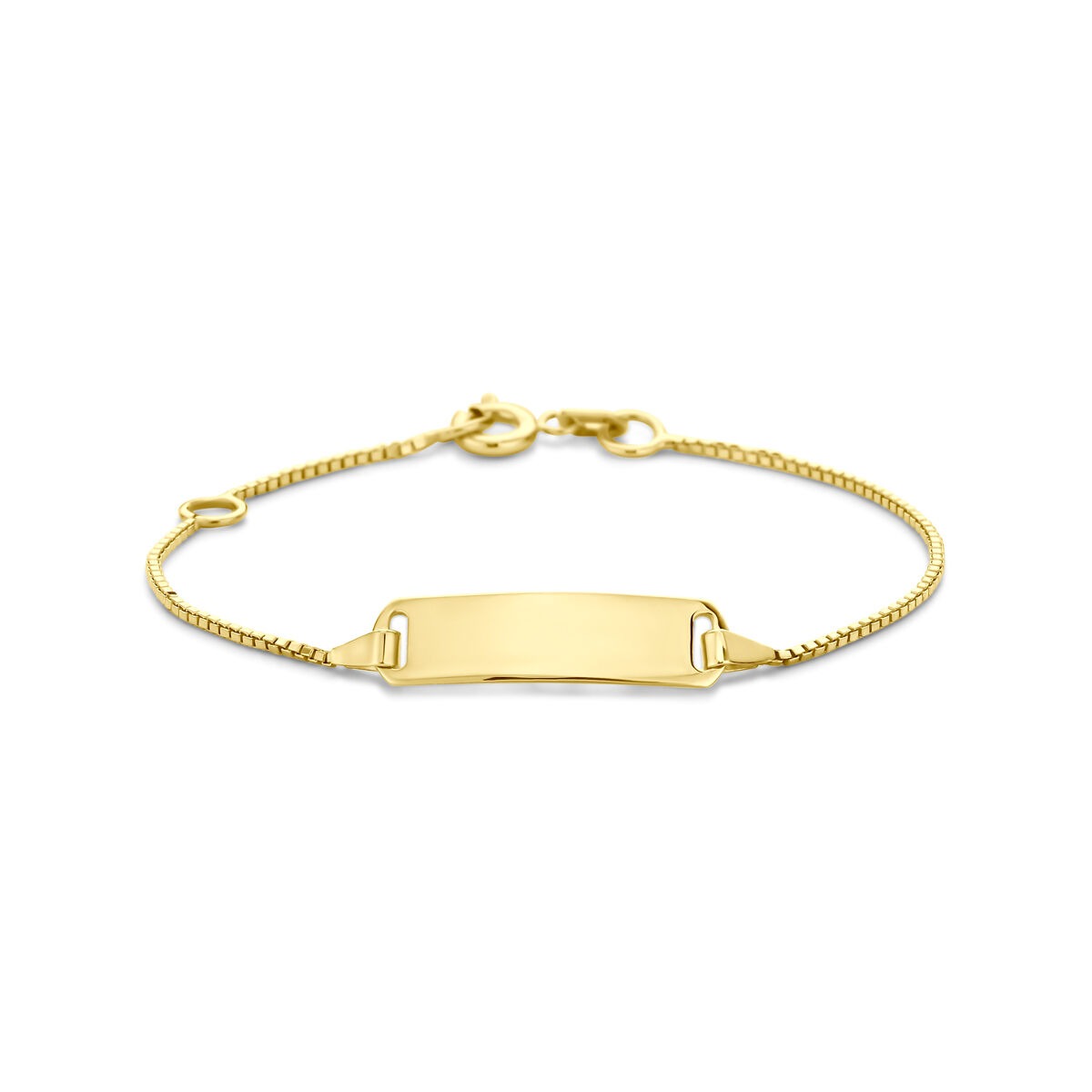 Gouden baby graveerarmband van 14k geelgoud met een gladde, rechte plaat en een fijne schakelband.