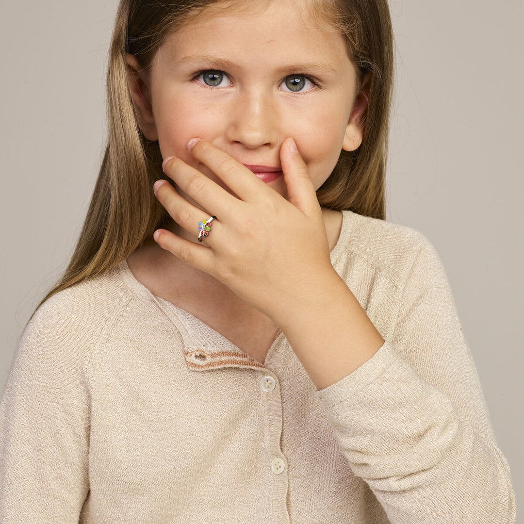 Zilveren kinder ring met zirkonia, bloem en lieveheersbeestje