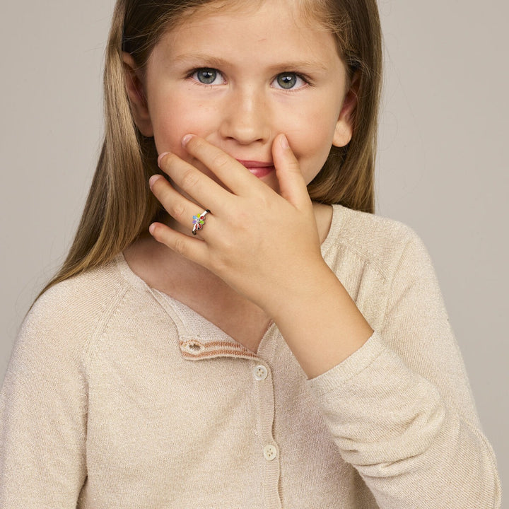 Zilveren kinder ring met zirkonia, bloem en lieveheersbeestje