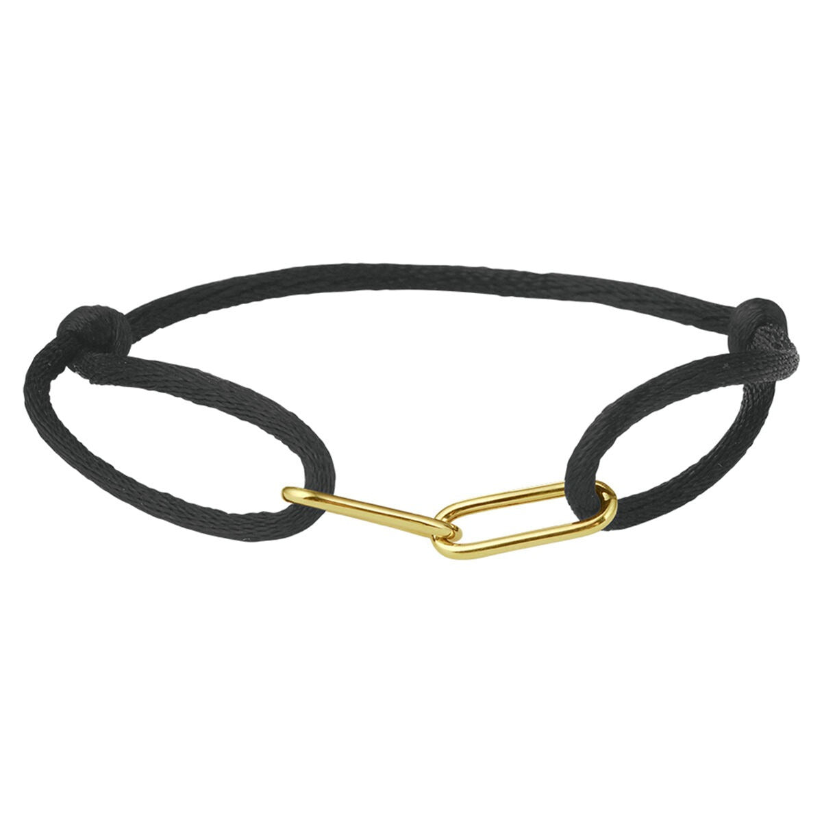 Geelgouden schakelstuk met zwarte koord, eenvoudig ontwerp met twee lussen.