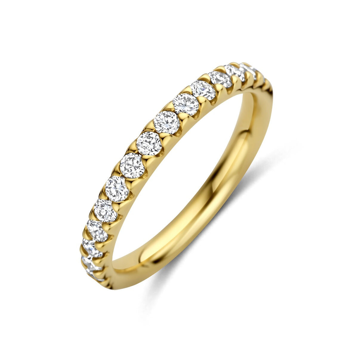 Gouden dames ring van 14k geelgoud met een rij lab grown diamanten.