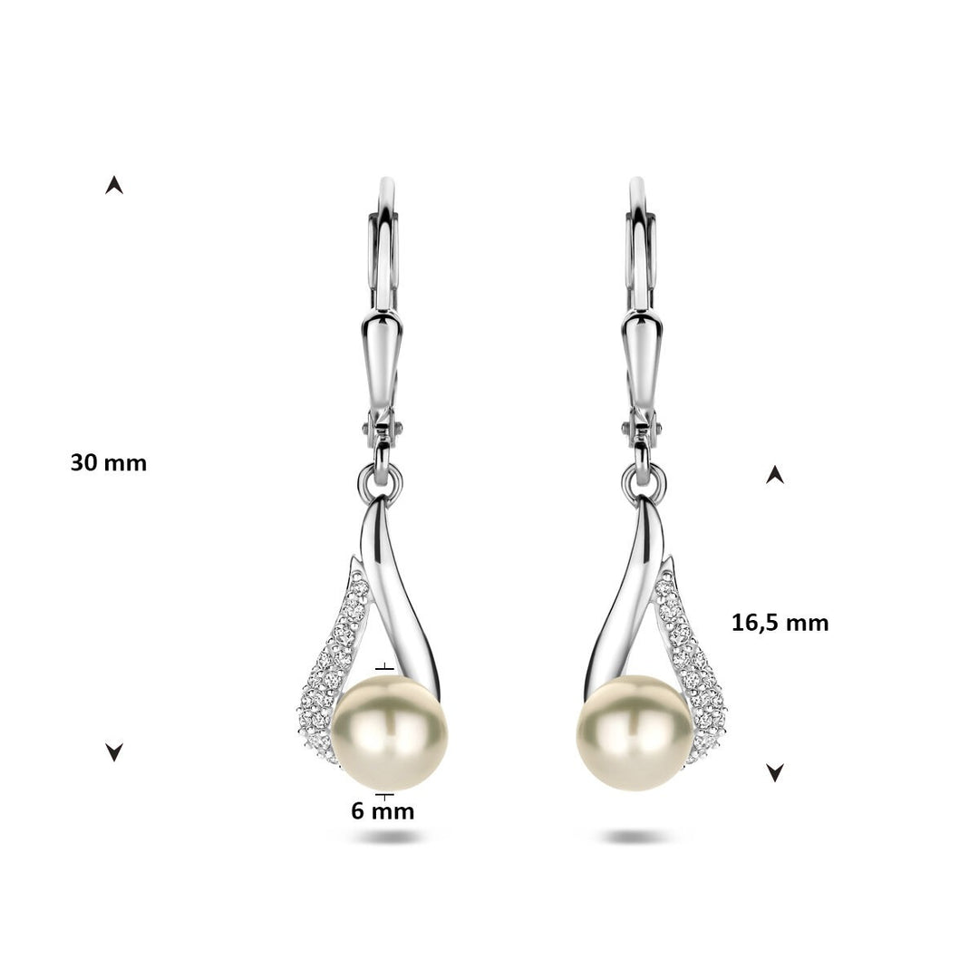 Zilveren oorhangers met parel en zirkonia – gerhodineerd 925 zilver 30 mm