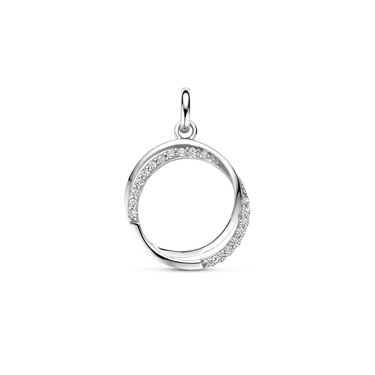 Zilveren hanger van gerhodineerd 925 zilver met een cirkelvorm en zirkonia steentjes aan de bovenkant.