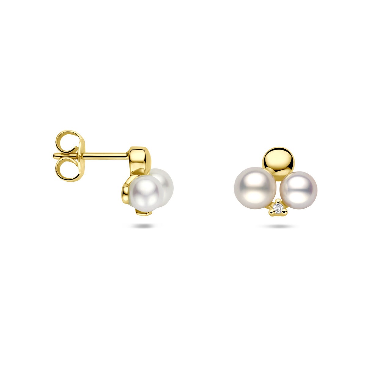 Gouden oorbellen met parel en diamant – 14k dames oorknopjes 0.02ct (2x 0.01ct) h si 9 mm
