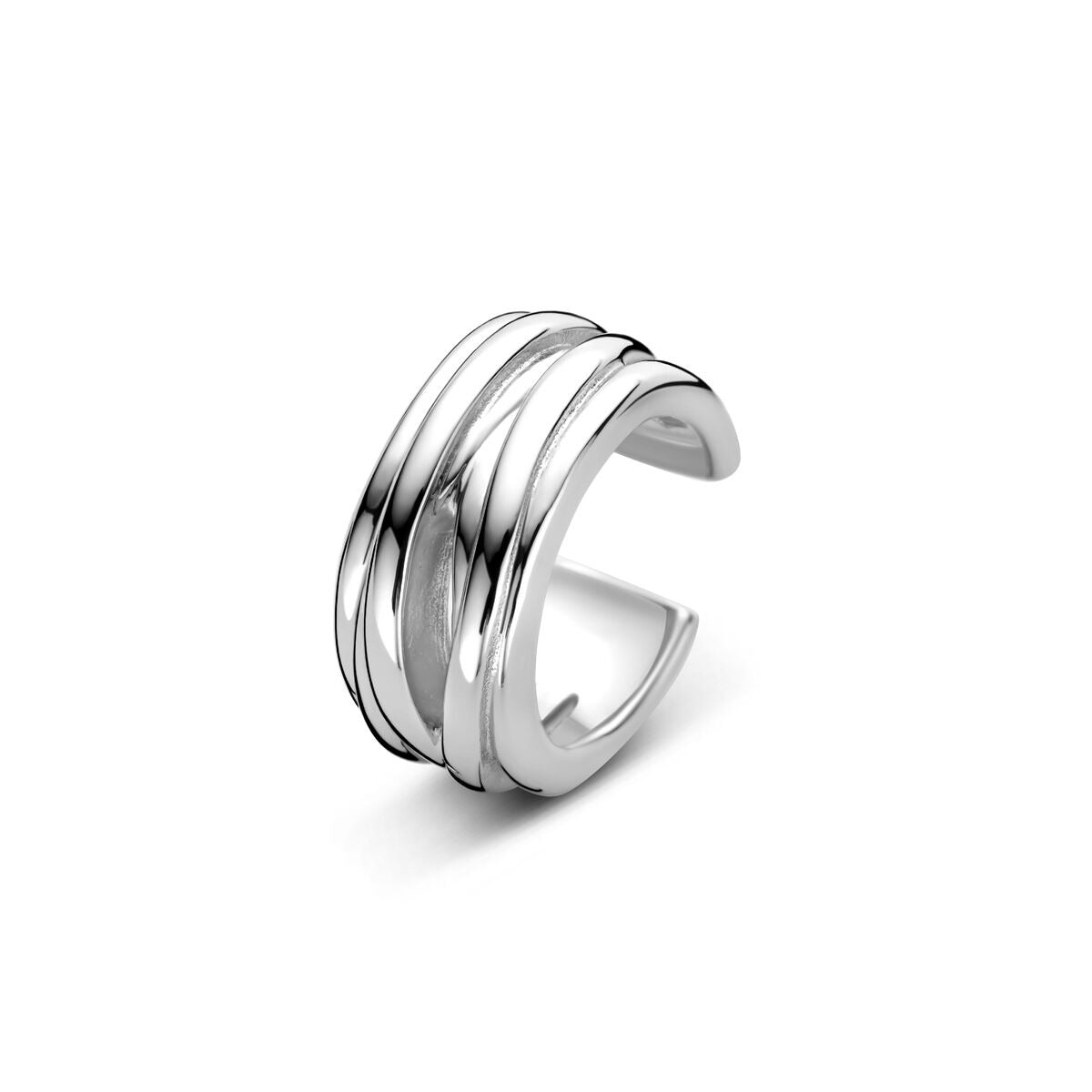 Gerhodineerde zilveren ear cuff met drie overlappende banden.
