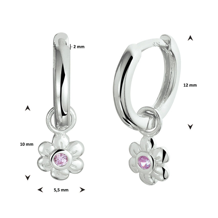 Zilveren kinder oorringen – met bloemhanger en roze zirkonia