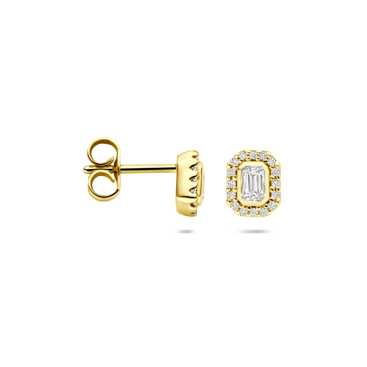 14k geelgouden oorknoppen met emerald geslepen diamant